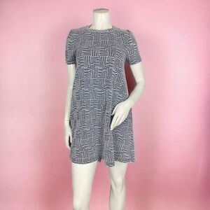 ZARA Trafaluc Collection Blue/White Geometric Print A-Line Babydoll Short Sleeve